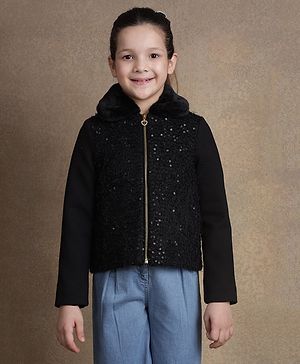 One Friday Full Sleeves Sequins Embellished Collared Jacket - Black