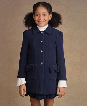 One Friday Full Sleeeves Pockets & Bow Applique Detailed Overcoat - Navy Blue