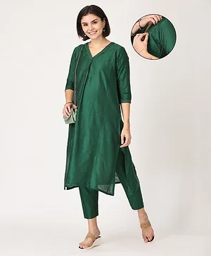The Mom Store Silk Three Fourth
                              Sleeves Solid Maternity Kurta With Nursing
                              Access & Salwar Set - Green