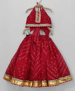 BYB Premium Cotton Kota bandhani
                              printed skirt and halter top set - Maroon