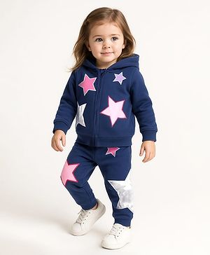 Babyhug Terry Knit Full Sleeves Hooded Sweatjacket & Lounge Pant Set With Star Print - Navy Blue