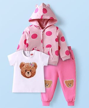 Babyhug Terry Knit Full Sleeves Polka Dots Front-Zipper Hooded Jacket with   Bear Print T-Shirt & Joggers Set - Pink & White