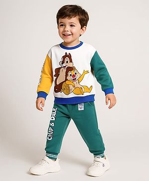 Babyhug Disney Terry Knit Full Sleeves Sweatshirt & Lounge Pant Set With Chip N Dale Graphics - White & Teal Blue