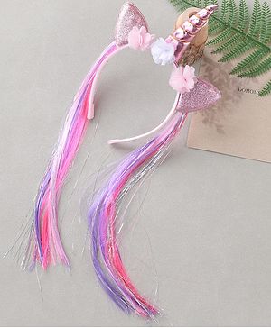Babyhug Hair Band With Unicorn Applique & Hair Extensions - Pink
