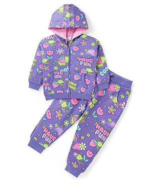 Babyhug Terry Knit Full Sleeves Hooded Sweat Jacket & Legging With Floral Print - Purple