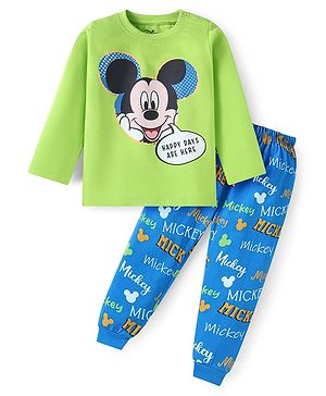 Babyhug Disney Single Jersey Knit Full Sleeves Night Suit With Mickey Mouse Graphics - Green & Blue
