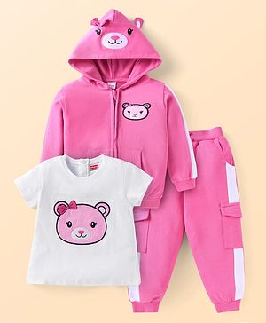 Babyhug Terry Knit Full Sleeves Hooded Sweatjacket & Lounge Pant Set With T-Shirt & Animal Patch - Dark Pink & White