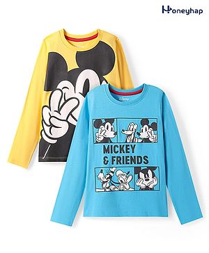 HoneyHap Disney Single Jersey Knit Full Sleeves T-Shirts With Mickey Mouse Graphics Pack of 2 - Yellow & Blue