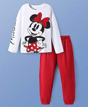 Pine Kids Disney Single Jersey Knit Full Sleeves  Night Suit With Minnie Mouse Graphics - Red & White