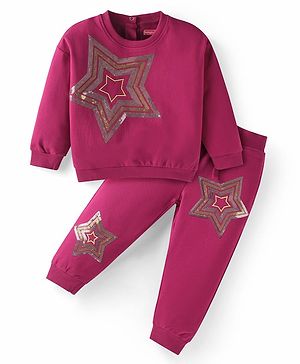 Babyhug Terry Knit Full Sleeves Sweatshirt & Joggers Set with Sequined Star Detailing - Maroon