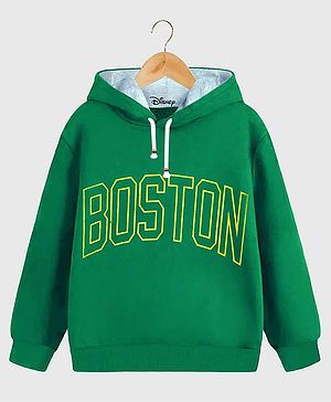 KUCHIPOO Fleece Full Sleeves Boston Text Printed Hoodie - Green