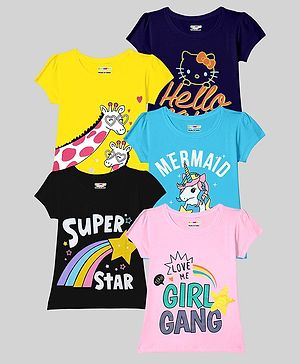 KUCHIPOO Pack Of 5 Half Sleeves Animals Printed Tees - Black Blue Pink & Yellow