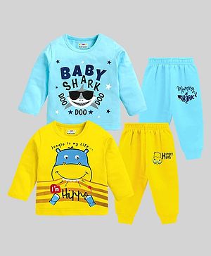 KUCHIPOO Pack Of 2 Full Sleeves Hippo & Shark Printed Tees & Pajamas Set - Blue & Yellow