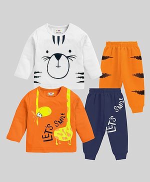 KUCHIPOO Pack Of 2 Full Sleeves Animals Printed Tees & Pajamas Set - White & Orange