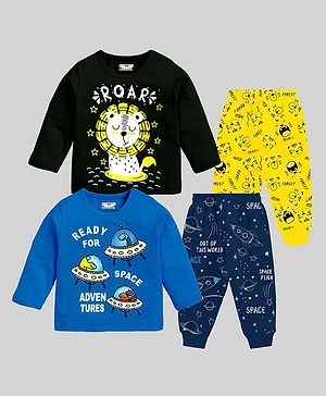 KUCHIPOO Pack Of 2 Full Sleeves Animals & Space Theme Printed Tees & Pajamas Set - Black & Blue