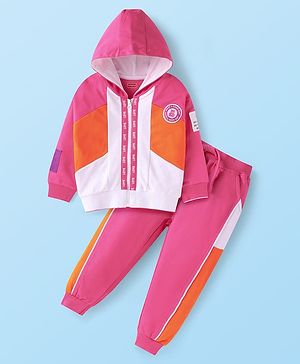Babyhug Terry Knit Full Sleeves Cut & Sew Hooded Sweatjacket & Joggers Set with Patch - Dark Pink