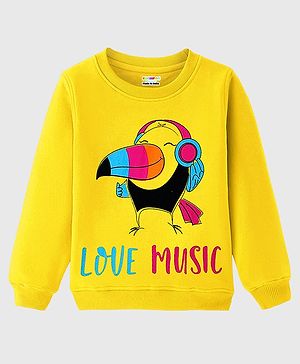 KUCHIPOO Fleece Full Sleeves Love Music Text Printed Sweatshirt - Yellow