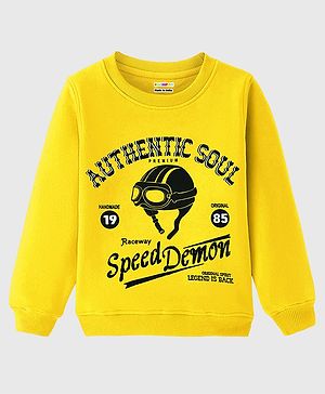 KUCHIPOO Fleece Full Sleeves Authentic Soul Text Printed Sweatshirt - Yellow