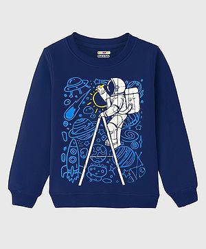 KUCHIPOO Fleece Full Sleeves Space Theme Printed Sweatshirt - Blue