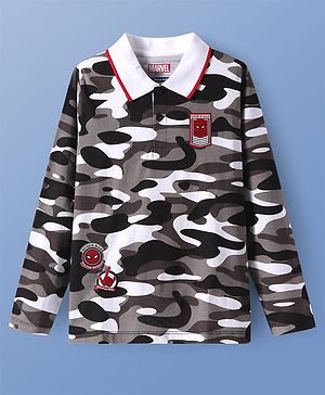 Pine Kids Marvel Single Jersey Knit Full Sleeves Polo T-Shirt with Camouflage Print Front & Back Spiderman Graphics - Grey Black & White