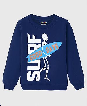 KUCHIPOO Fleece Full Sleeves Surf Text Printed Sweatshirt - Blue