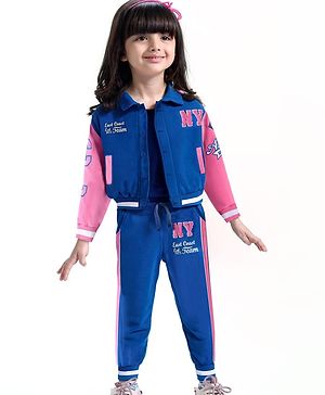 Babyhug Terry Knit Full Sleeves Bomber Jacket & Lounge Pant Set With Text Print - Blue & Pink