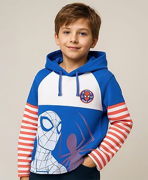 Pine Kids Marvel Knit Cut & Sew Design Full Doctor Sleeves Light Weight Hoodie Sweatshirt With Spiderman Graphics - Blue White & Red