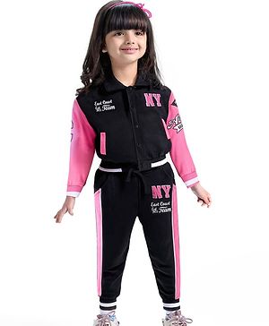 Babyhug Terry Knit Full Sleeves Bomber Jacket & Lounge Pant Set With Text Print - Black & Pink