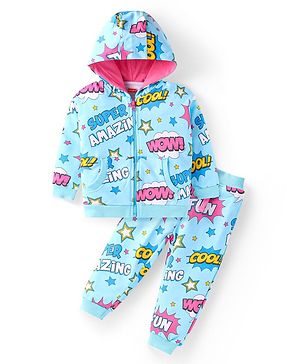 Babyhug Terry Knit Full Sleeves Text Printed  Hooded Sweatjacket & Joggers Set with Kangaroo Pockets - Light Blue