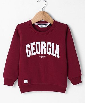 Ruff Fleece Knitted Full Sleeves Sweatshirt With Text Print - Maroon