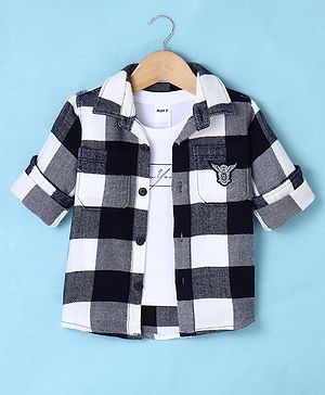 Ruff Twill Woven Full Sleeves Checkered Shirt With Inner T-Shirt - Navy & White