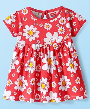 Babyhug Cotton Knit Half Sleeves Frock with Floral Print & Bow Applique - Red