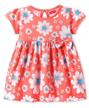 Babyhug Cotton Knit Half Sleeves Frock With Floral Print & Bow Applique - Coral