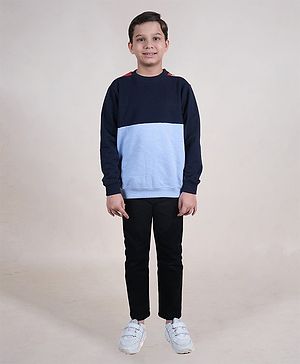 Kiddopanti Fleece Full Sleeves Cut & Sew Sweatshirt With Solid Jeans Set - Navy Blue & Black