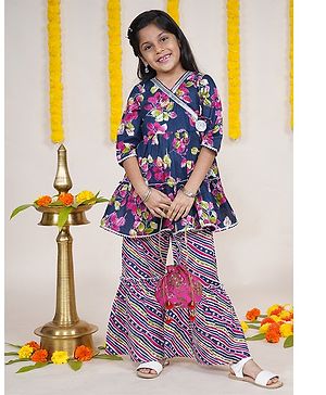 Kiddopanti Three Fourth Sleeves Sequins & Lace Embellished Leaves Printed Kurta With Sharara & Potli Bag - Navy & Magenta & Rani Pink