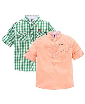 TONYBOY Cotton Pack Of 2 Half Sleeves Solid & Checked Shirts - Green & Orange