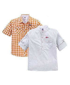 TONYBOY Cotton Pack Of 2 Full Sleeves Checked & Solid Shirts - Orange & Grey