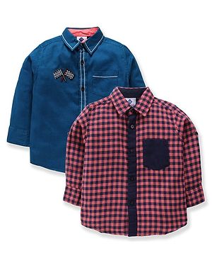 TONYBOY Cotton Pack Of 2 Full Sleeves Solid & Checked Shirts - Blue & Orange