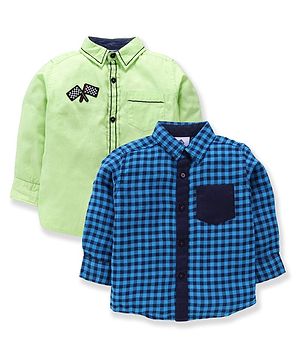 TONYBOY Cotton Pack Of 2 Full Sleeves Solid And Checked Shirt - Lime & LtBlue