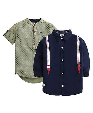 TONYBOY Cotton Pack of 2 Half Sleeves Polka Dot & Suspender Printed Shirts - Khaki & Navy