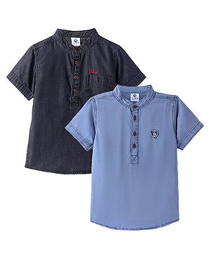 TONYBOY Cotton Denim Pack of 2 Half Sleeves Solid Shirts - Black & Blue