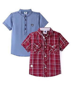 TONYBOY Cotton And Denim Pack of 2 Half Sleeves Solid & Checked Shirts - Blue & Maroon