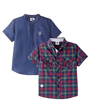 TONYBOY Denim And Cotton Pack of 2 Half Sleeves Solid & Checked Shirts - Indigo & Blue