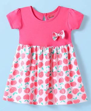 Babyhug Interlock Knit Half Sleeves Frock With Fruit Print - Dark Pink