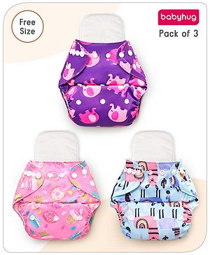 Babyhug Reusable Cloth Diaper With Insert Elephants Icecream & Deer Prints Pack  of 3 - Purple Blue Pink