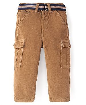 Babyhug Cotton Lycra Woven Full Length Corduroy Pants Solid Color with Belt- Dark Brown