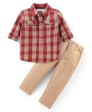 Babyhug Cotton Woven Full Sleeves Checkered Shirt & Trouser Pants Set - Dark Red & Khaki