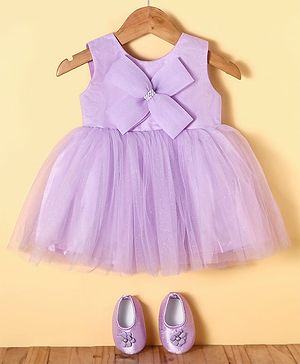 Bluebell Net Woven Sleeveless Party Frock With Bow Applique & Booties - Purple