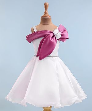 Bluebell Tissue Woven Sleeveless Party Frock with Floral Applique - White & Dark Pink