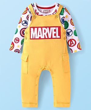 Babyhug Marvel  Single Jersey Knit Full Sleeves T-shirt With Dungaree Avengers Graphic - Yellow